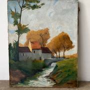 House by the river, oil on canvas signed