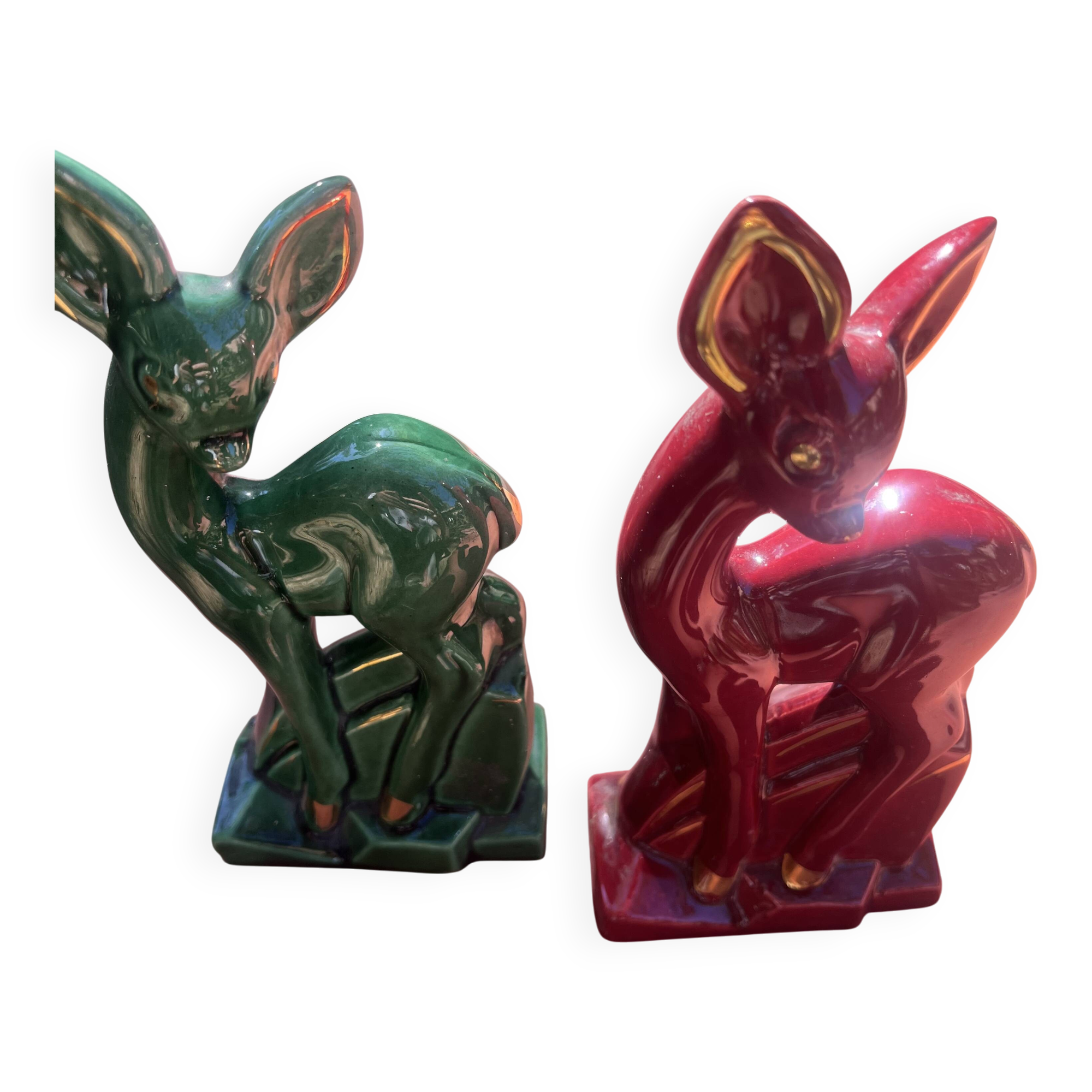 Pair of Art Deco deer by Charles Lemanceau in red and green ceramic.