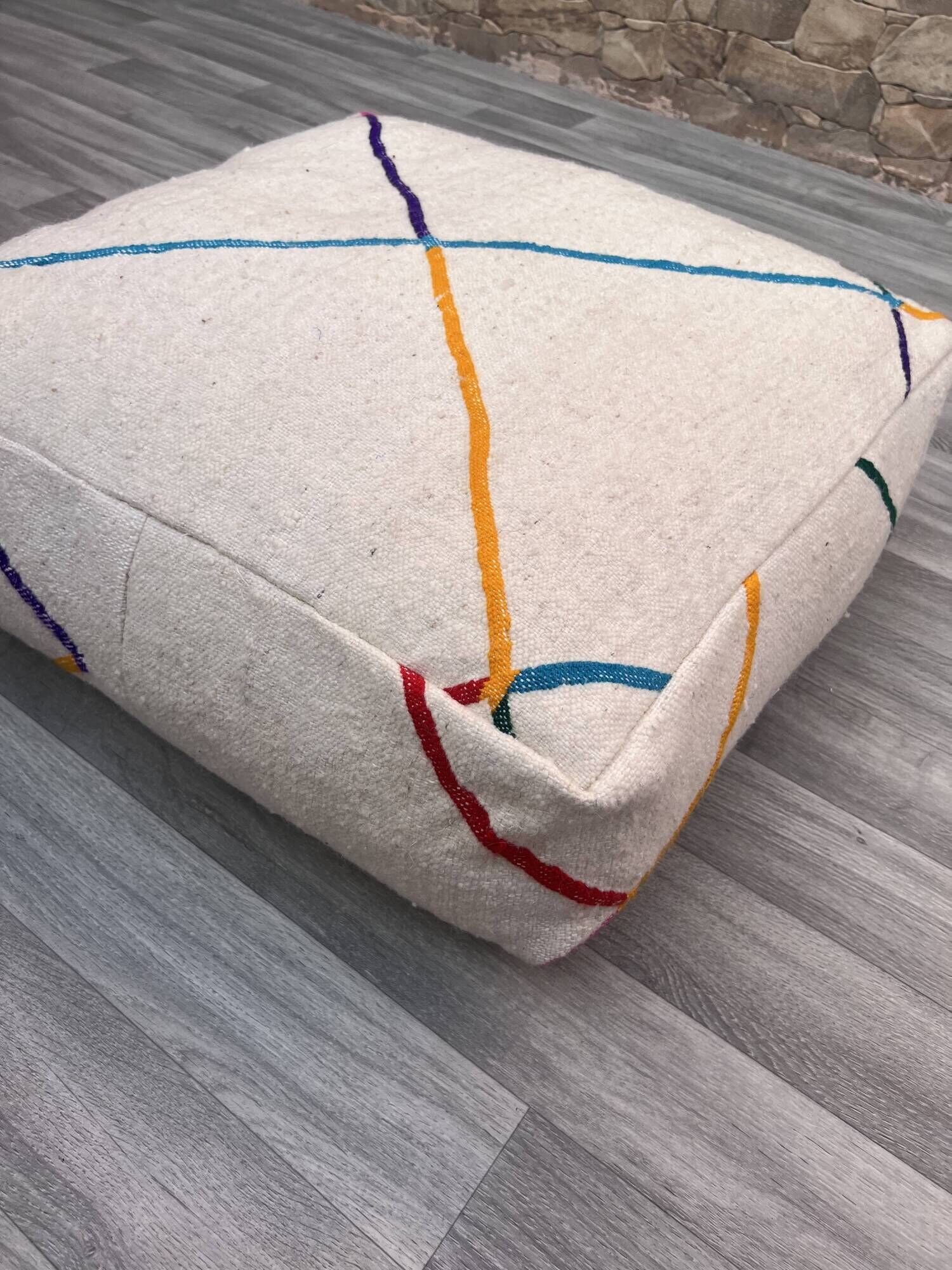 Azilal Kilim Moroccan Berber Pouf - 100% Wool and Cotton - Handwoven Floor Cushion