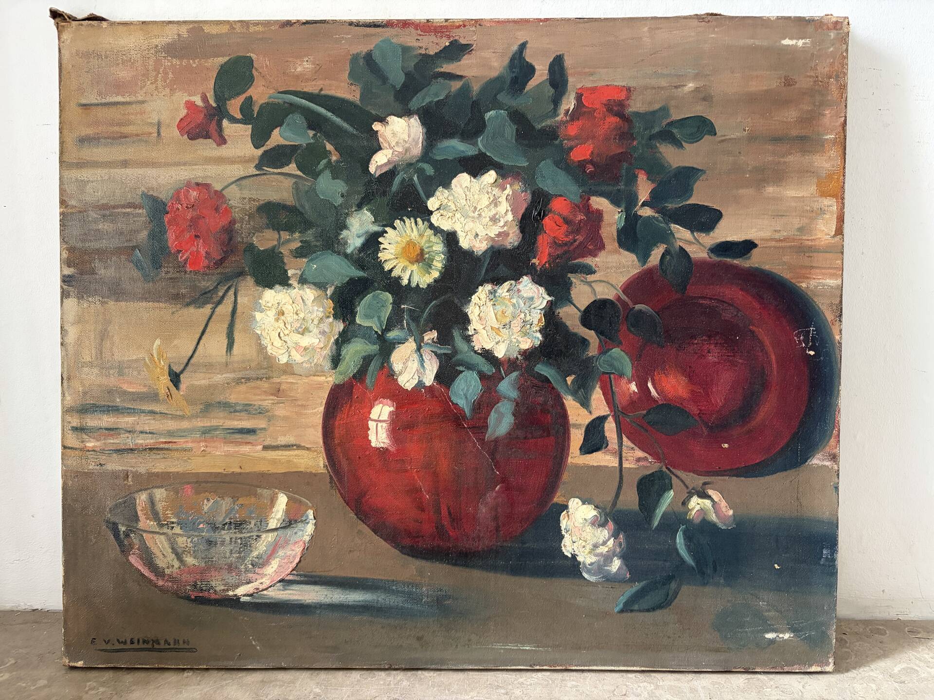 Bouquet of flowers in a red vase, early 20th century, oil on canvas signed.