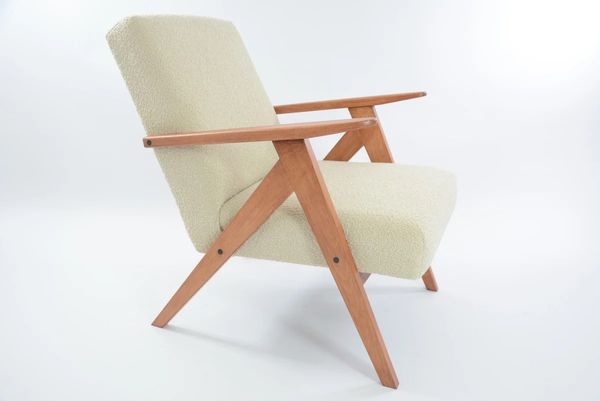 Fauteuil Kompas velours côtelé crème rénové