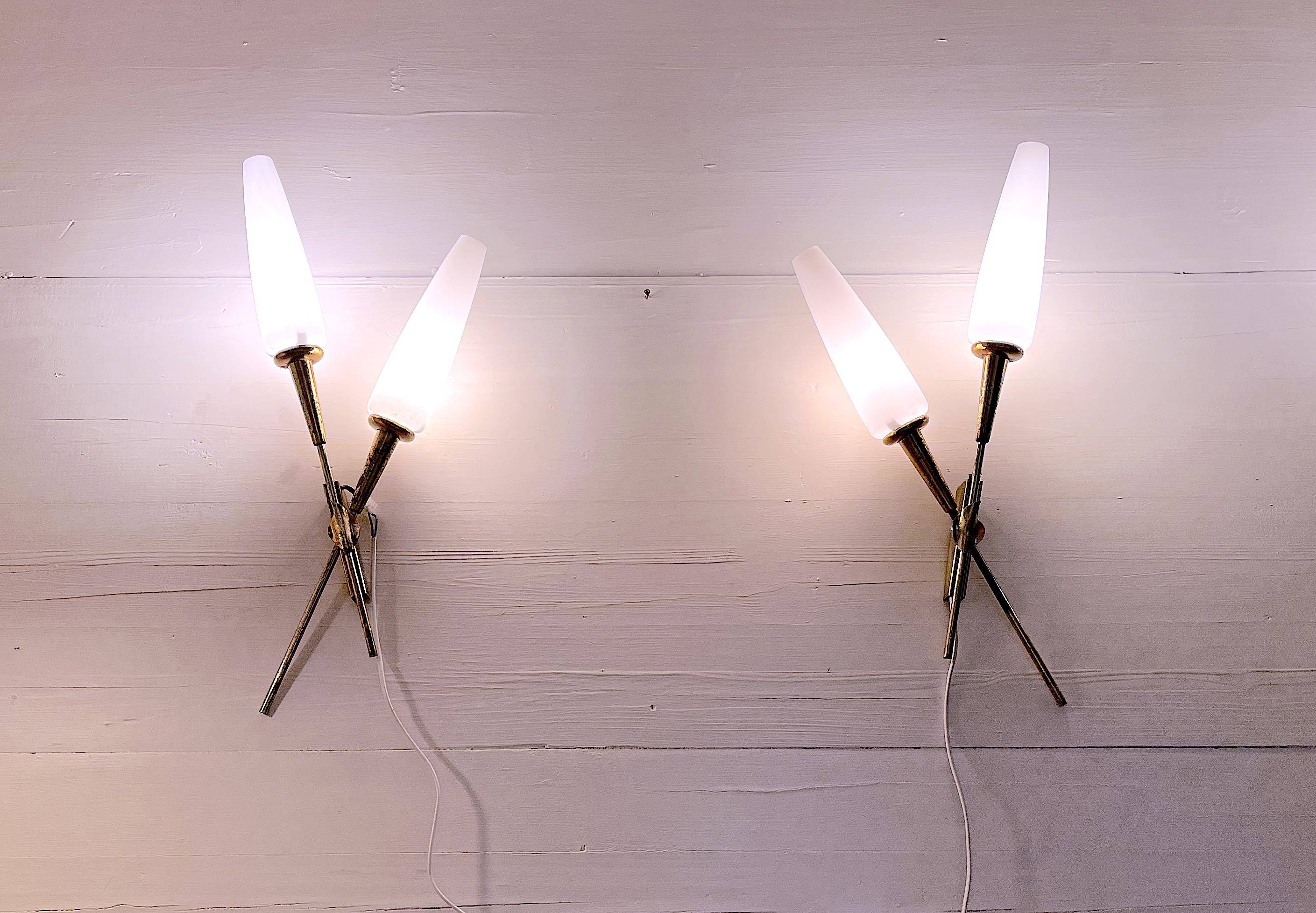 Pair of double crossed brass and opaline sconces, Maison Arlus, France, Mid-Century