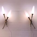 Pair of double crossed brass and opaline sconces, Maison Arlus, France, Mid-Century