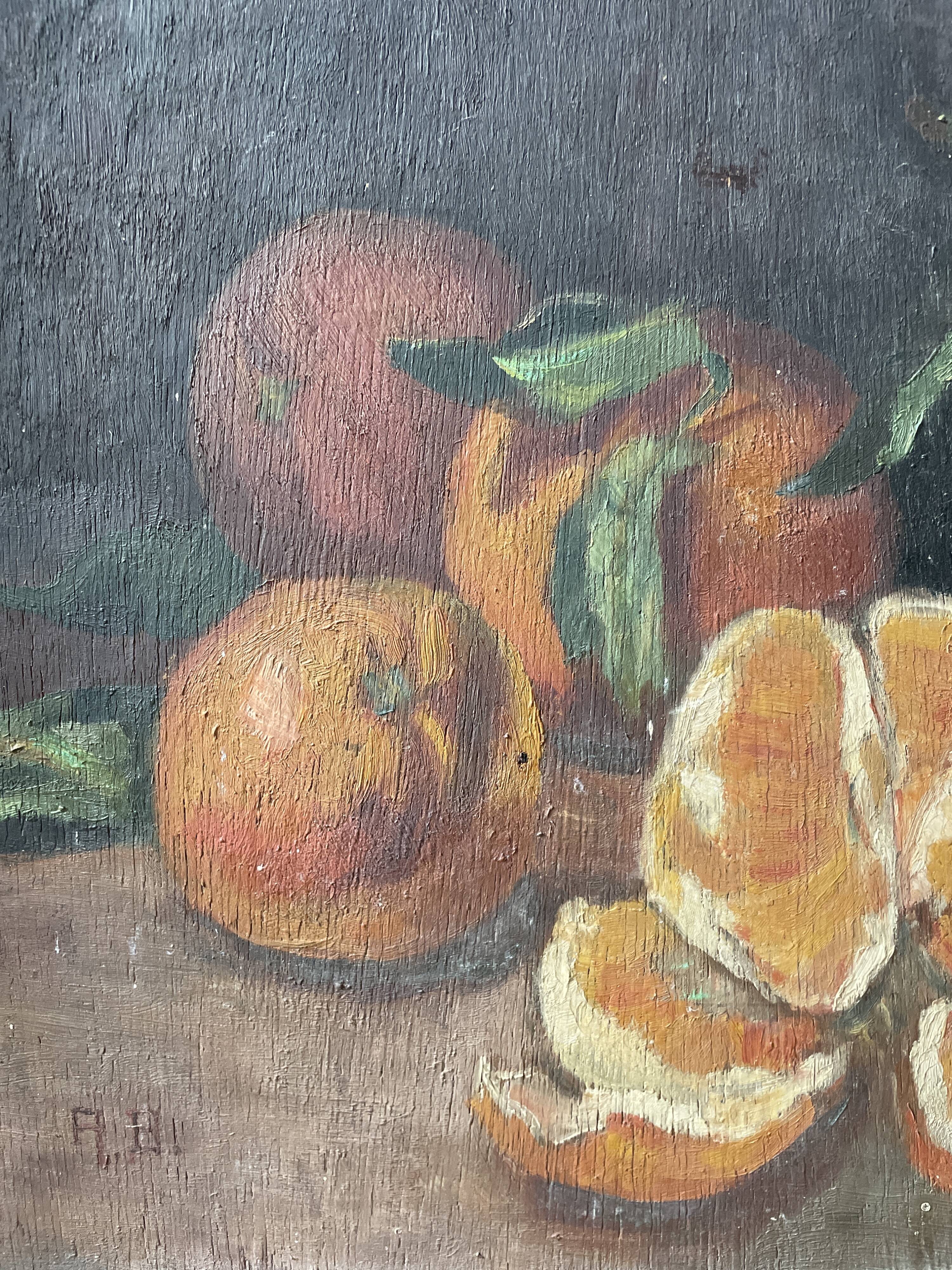 Old still life painting with oranges
