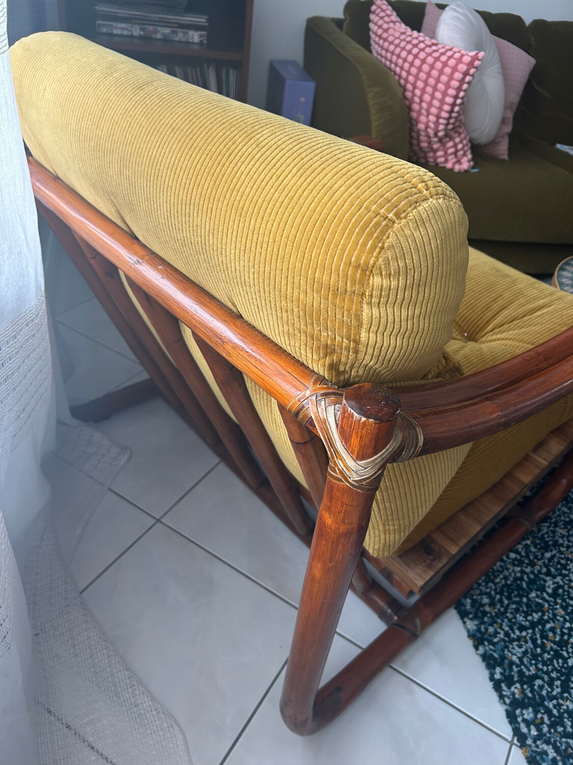 Magnificent velvet fabric rattan armchair - vintage