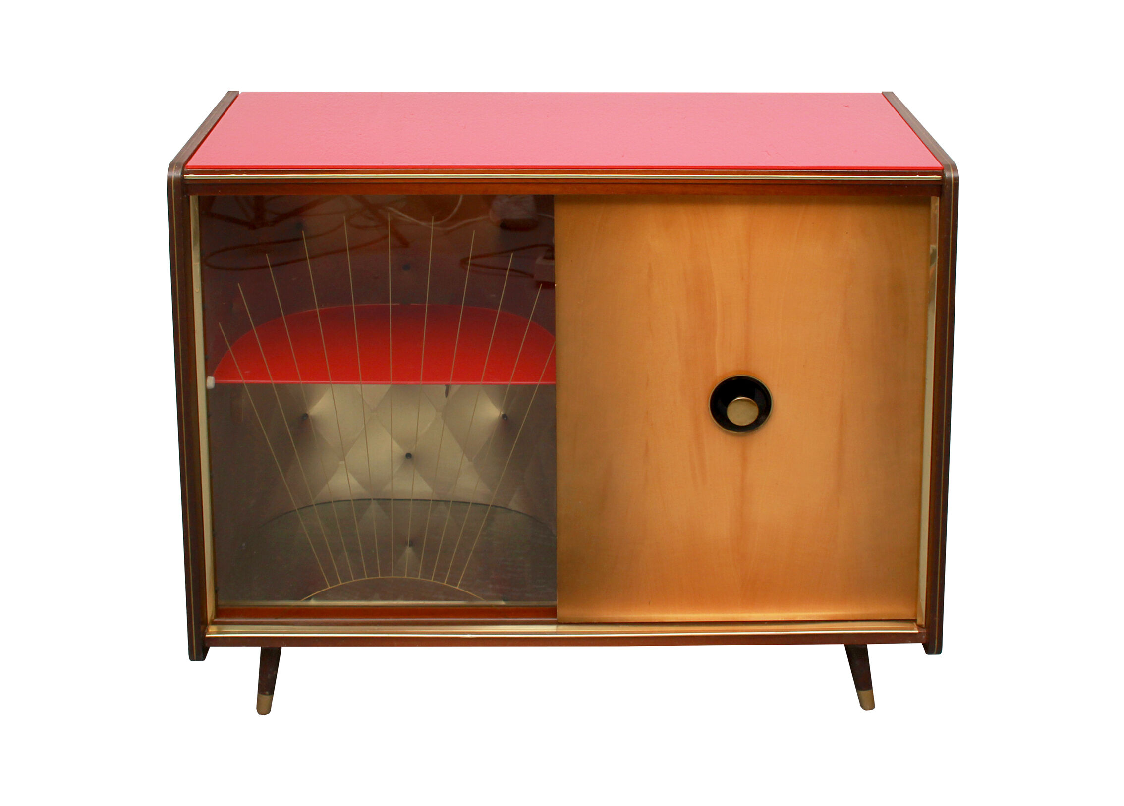 1950s bar cabinet in maple and glass