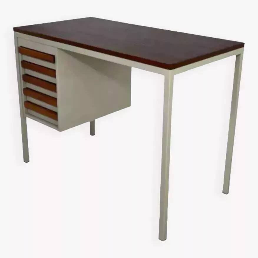 Bureau indus' des années 50 en métal et palissandre