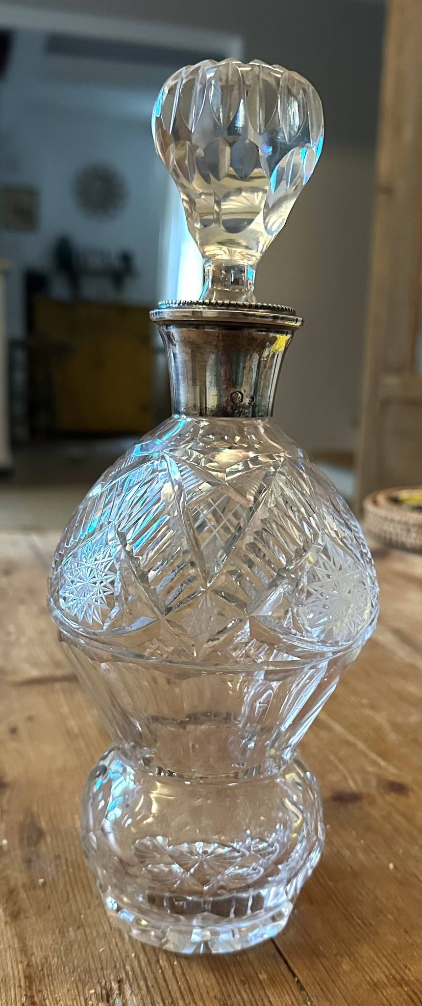 Antique Cut Crystal Carafe & Solid Silver Neck (Po)