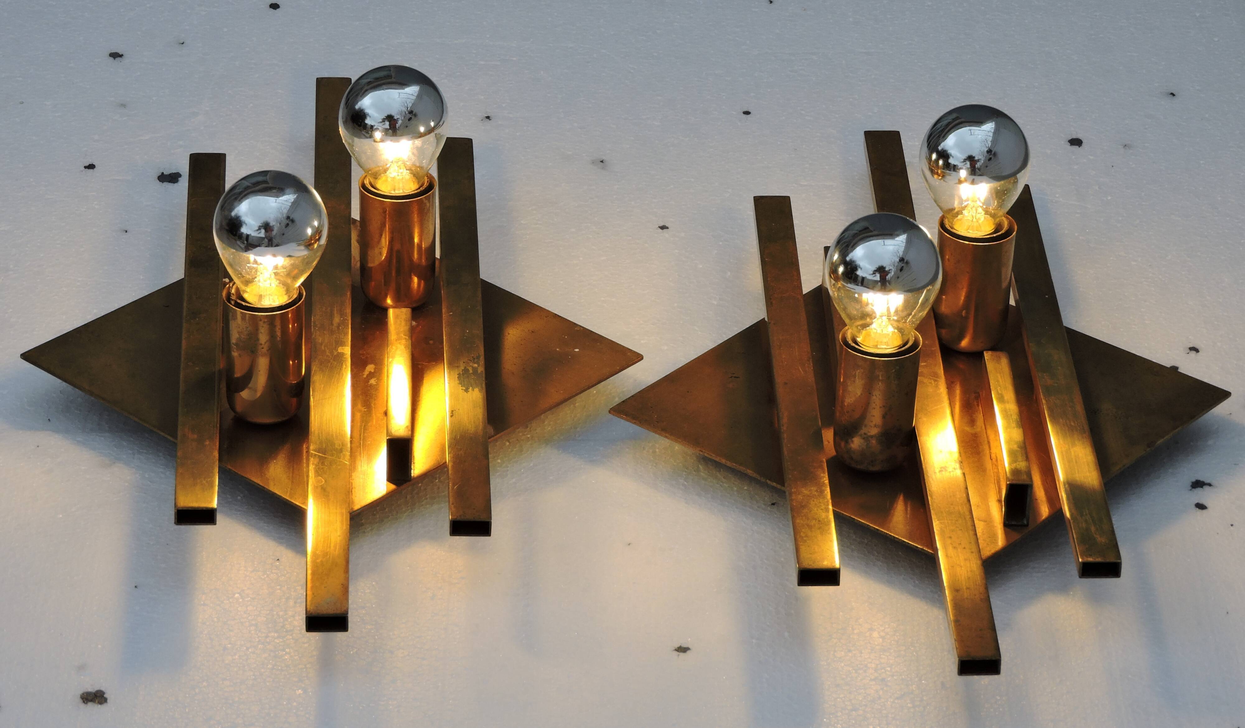 Pair of vintage geometric brass wall lamps