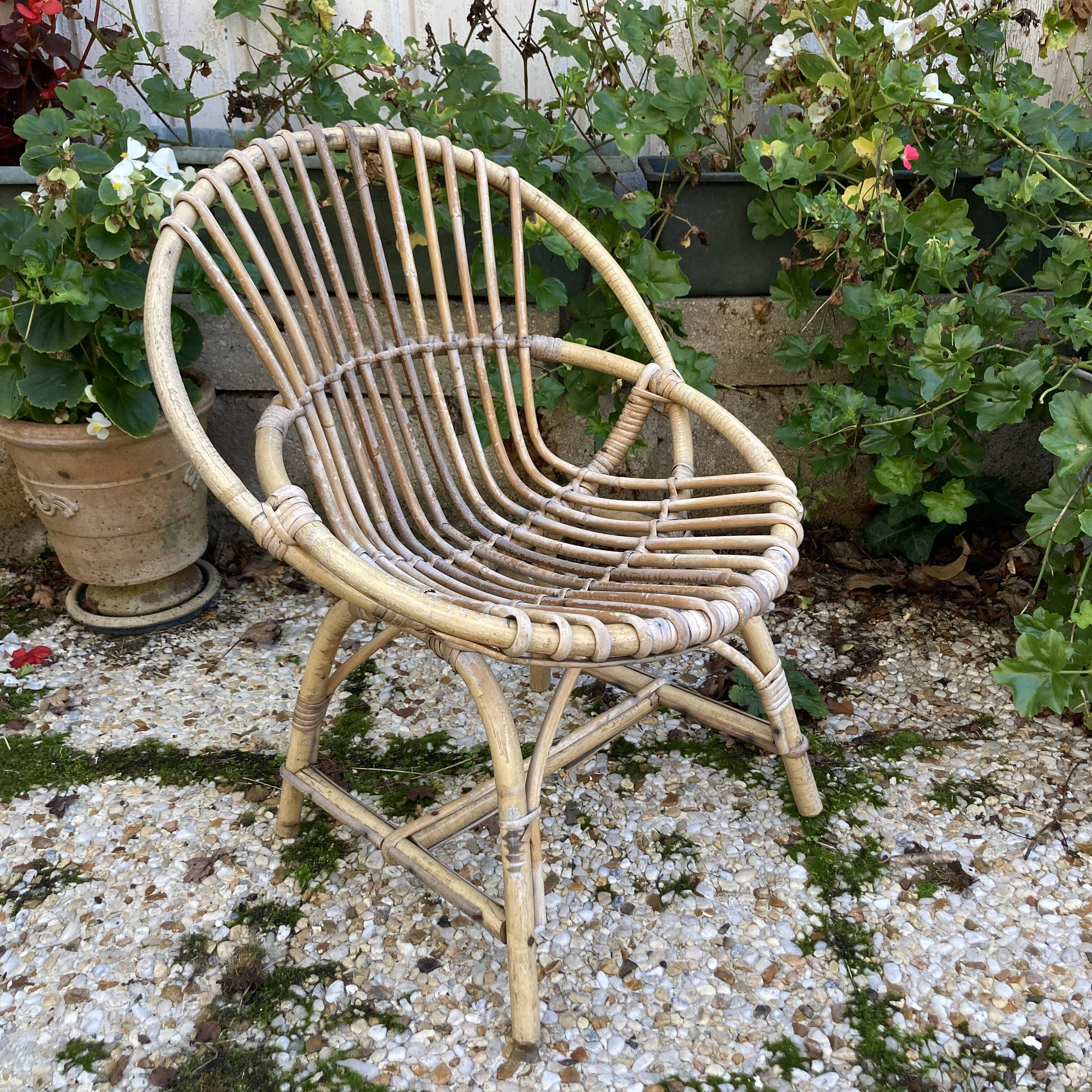 Set of 3 vintage rattan armchairs
