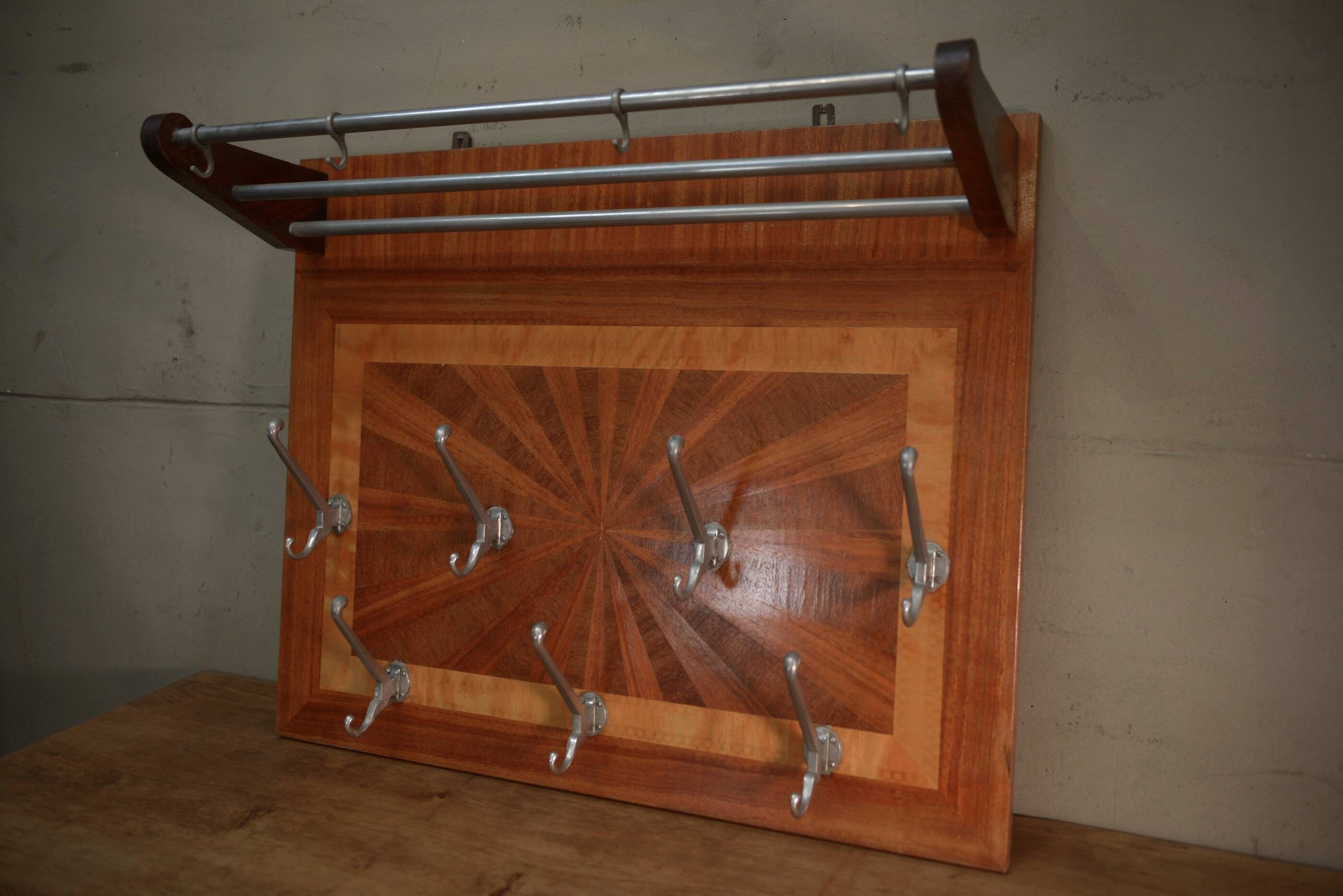 Art Deco marquetry and aluminum wall coat rack
