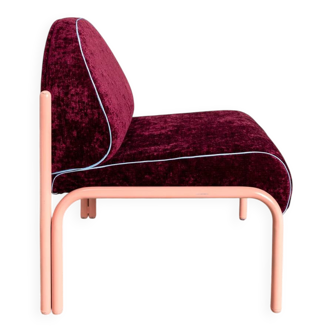 Souvignet armchair reupholstered in burgundy velvet with a pink frame.