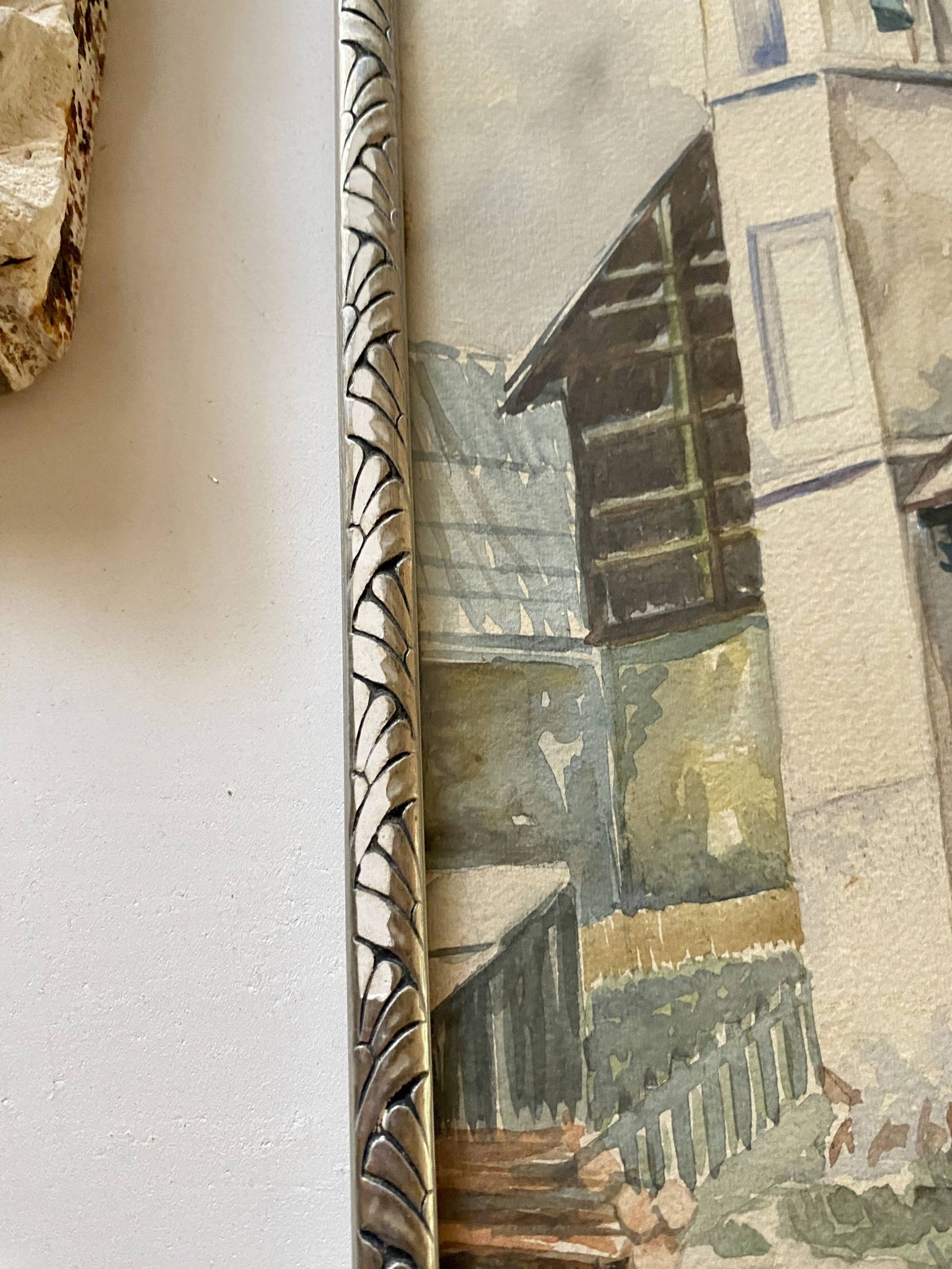 Aquarelle 1920, cadre bois sculpté argenté