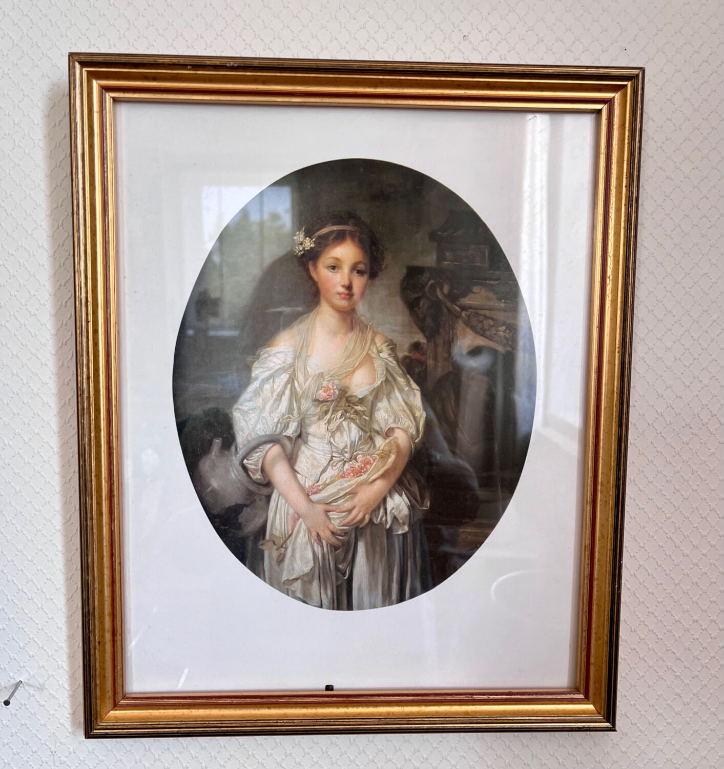 Framed antique print of the broken jug of J.B Greuze