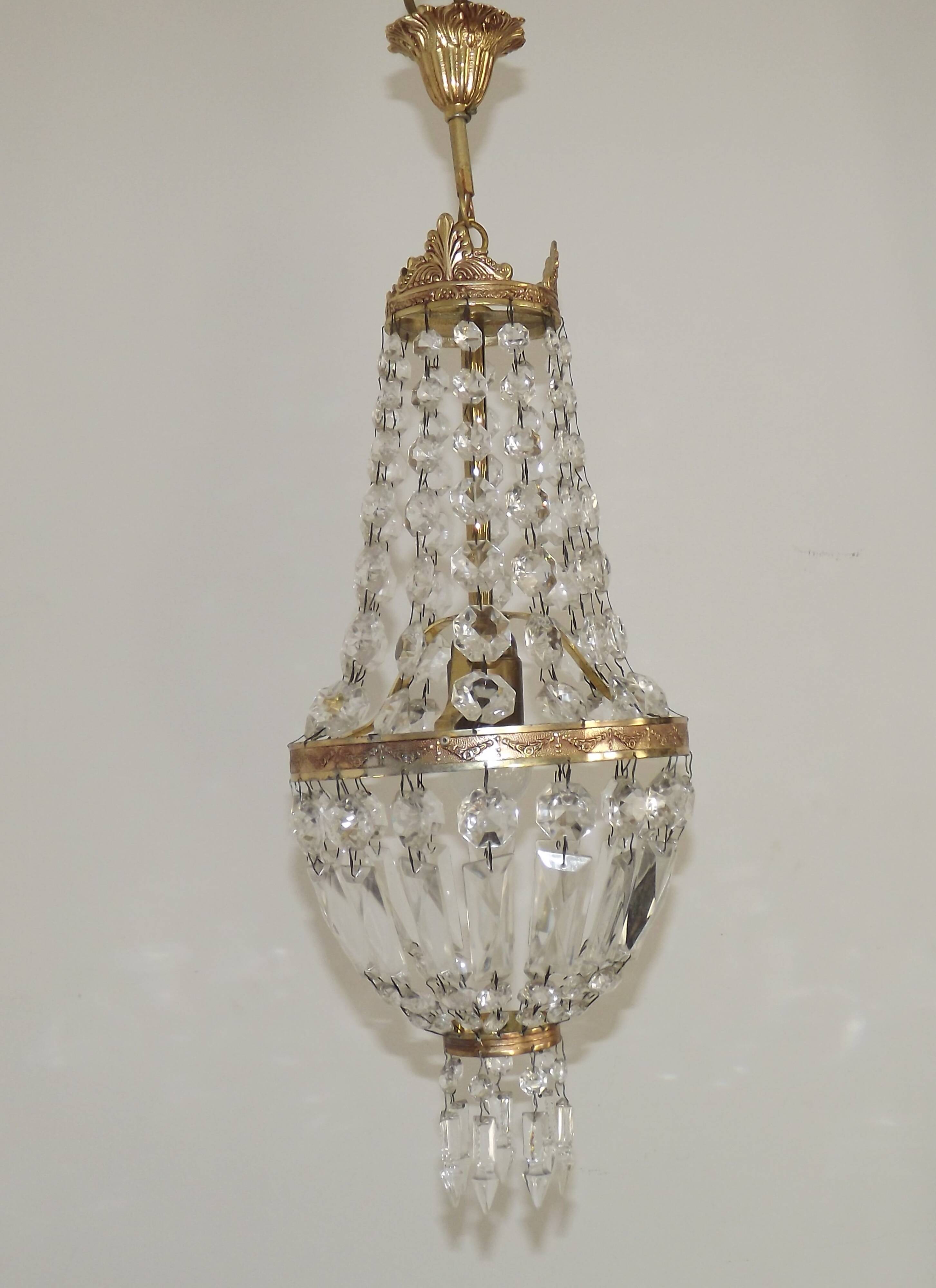 French Empire Style Bronze Single Montgolfier Crystal Basket Chandelier