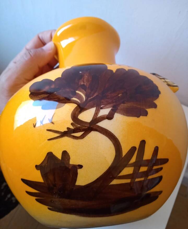 Vintage Craft Vase 'Country Scene' - Glossy Ochre Yellow Enamel