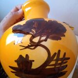 Vintage Craft Vase 'Country Scene' - Glossy Ochre Yellow Enamel