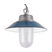 Industrial enamel lamp with glass and cast iron, blue, Poland, 1960s