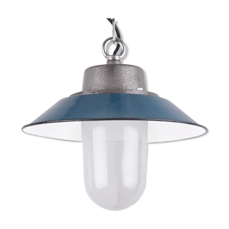 Industrial enamel lamp with glass and cast iron, blue, Poland, 1960s