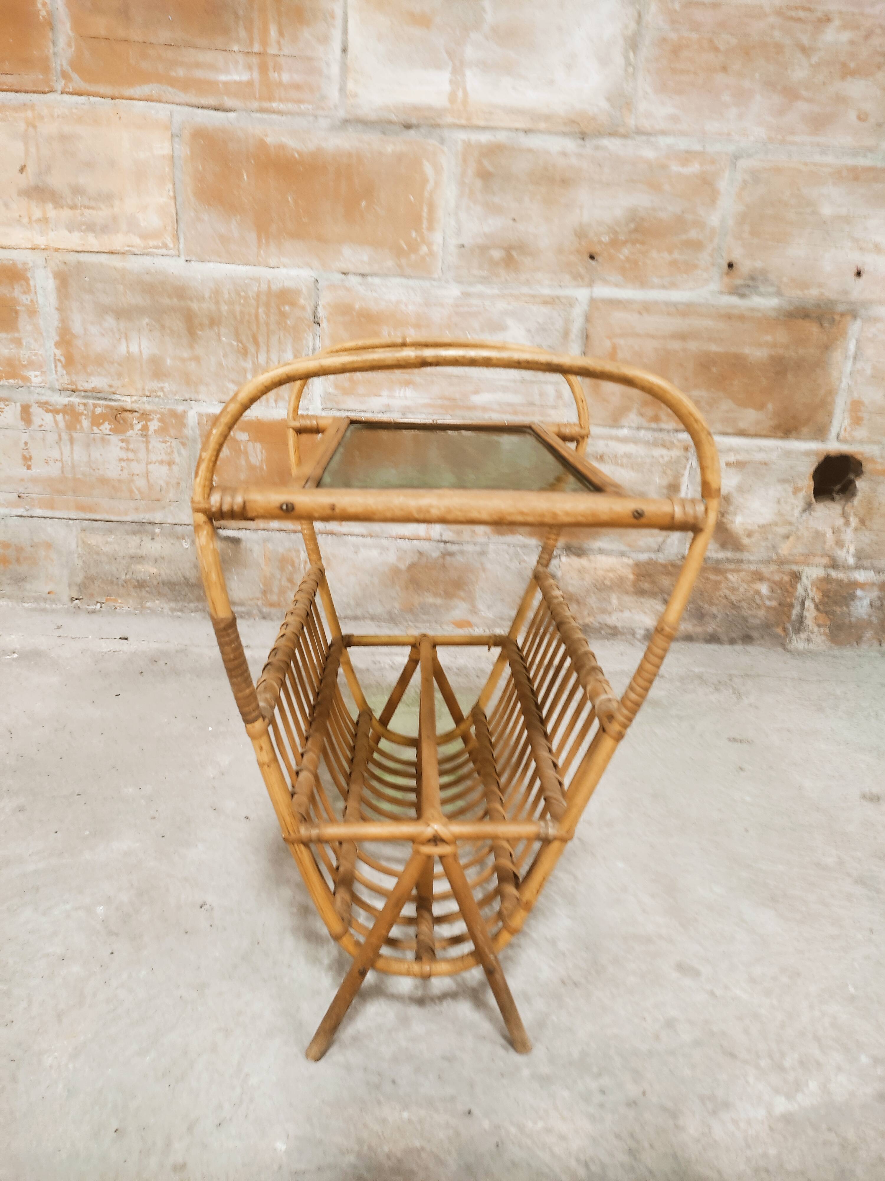 Rattan magazine holder, glass top