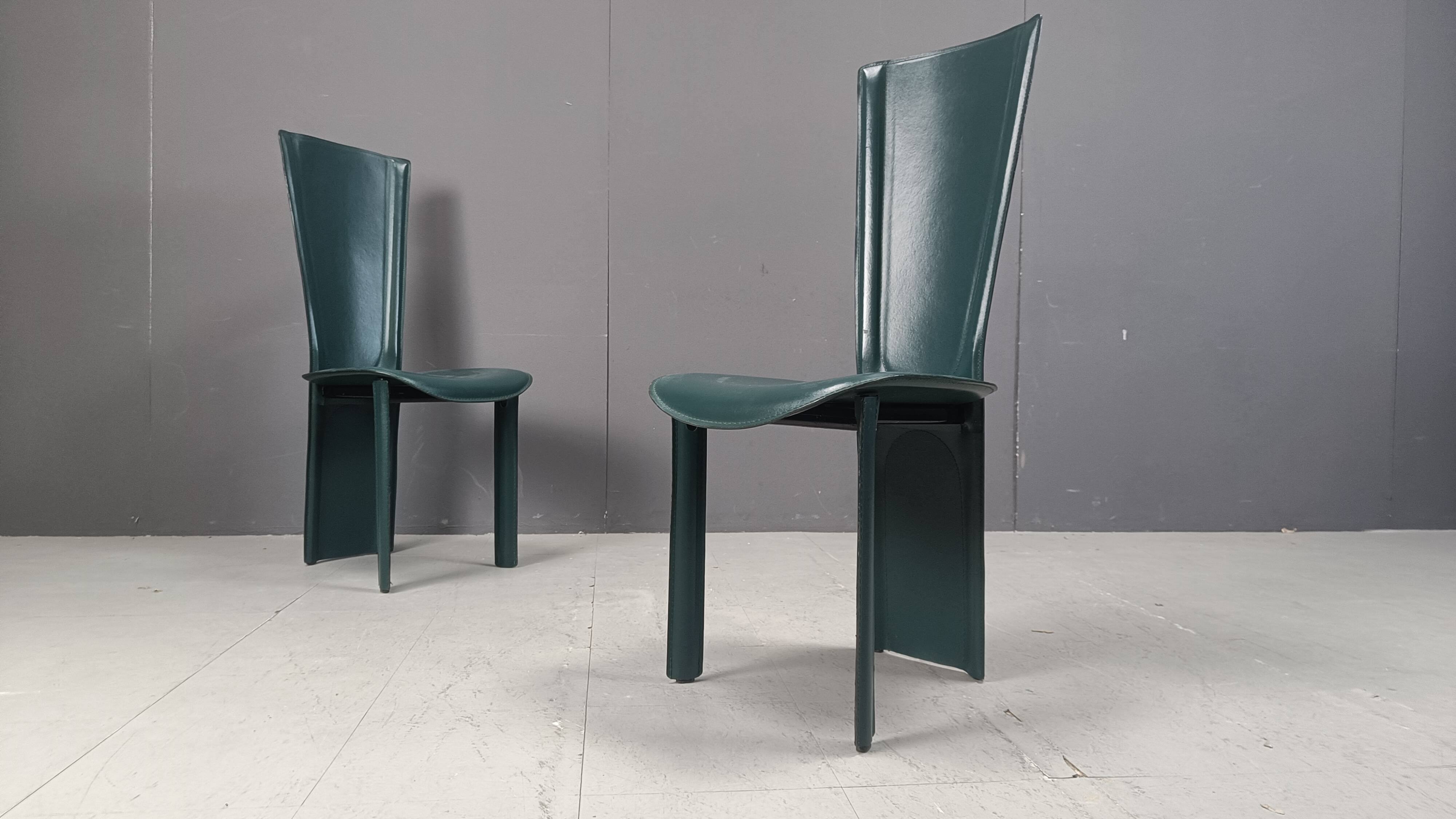 Vintage green leather dining chairs, 1980s - set of 4