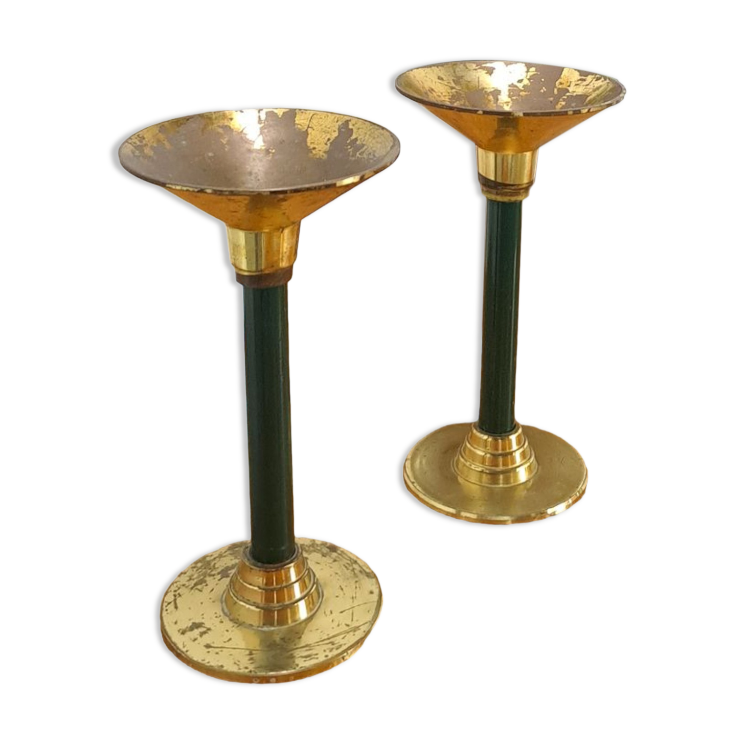 Brass candlesticks with dark green vintage