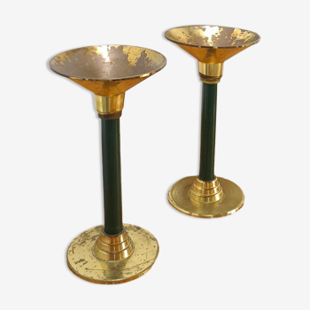 Brass candlesticks with dark green vintage