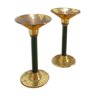 Brass candlesticks with dark green vintage