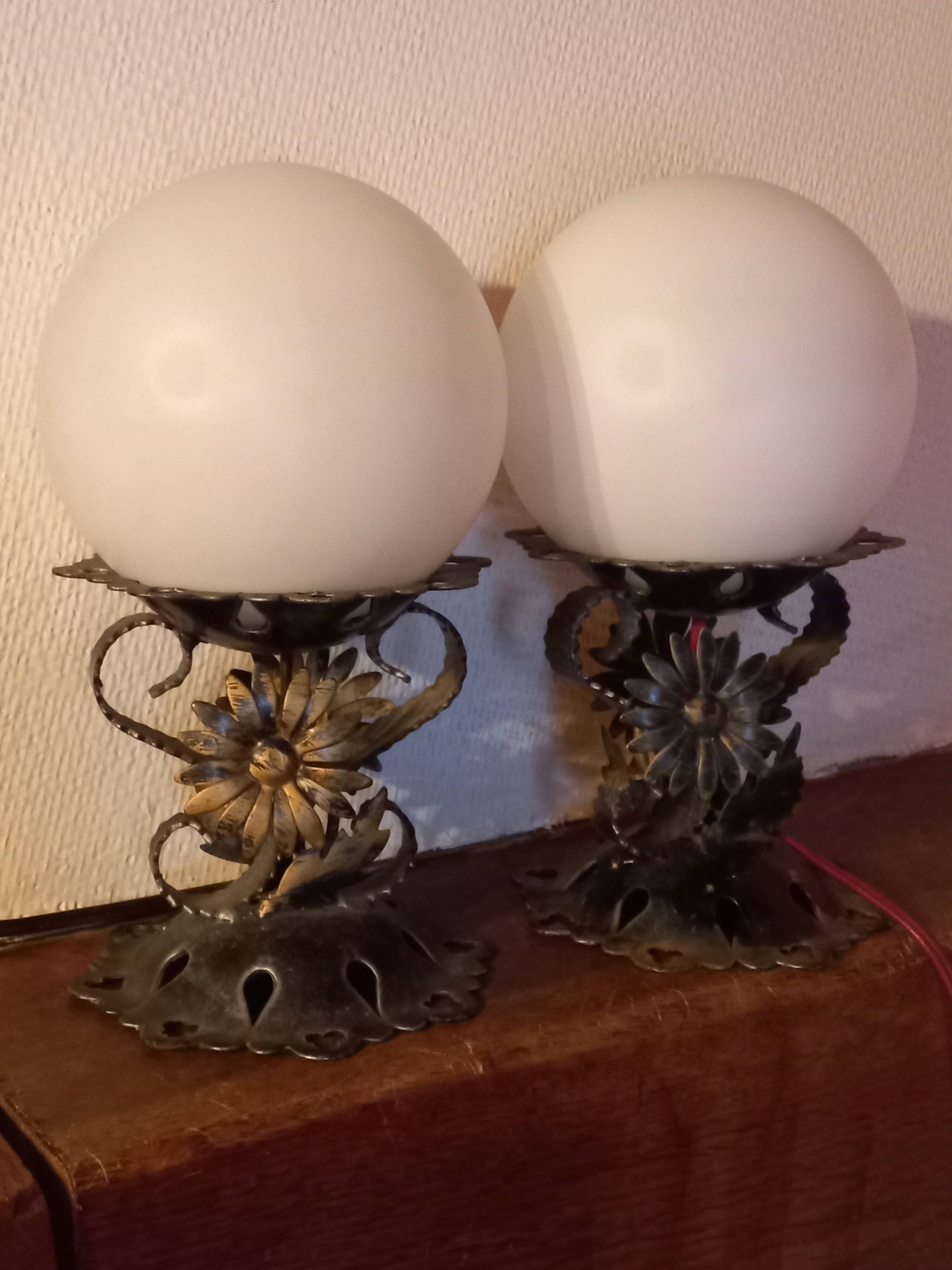 Pair of vintage wrought iron and opaline lamps from the 1960s.