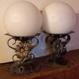 Pair of vintage wrought iron and opaline lamps from the 1960s.