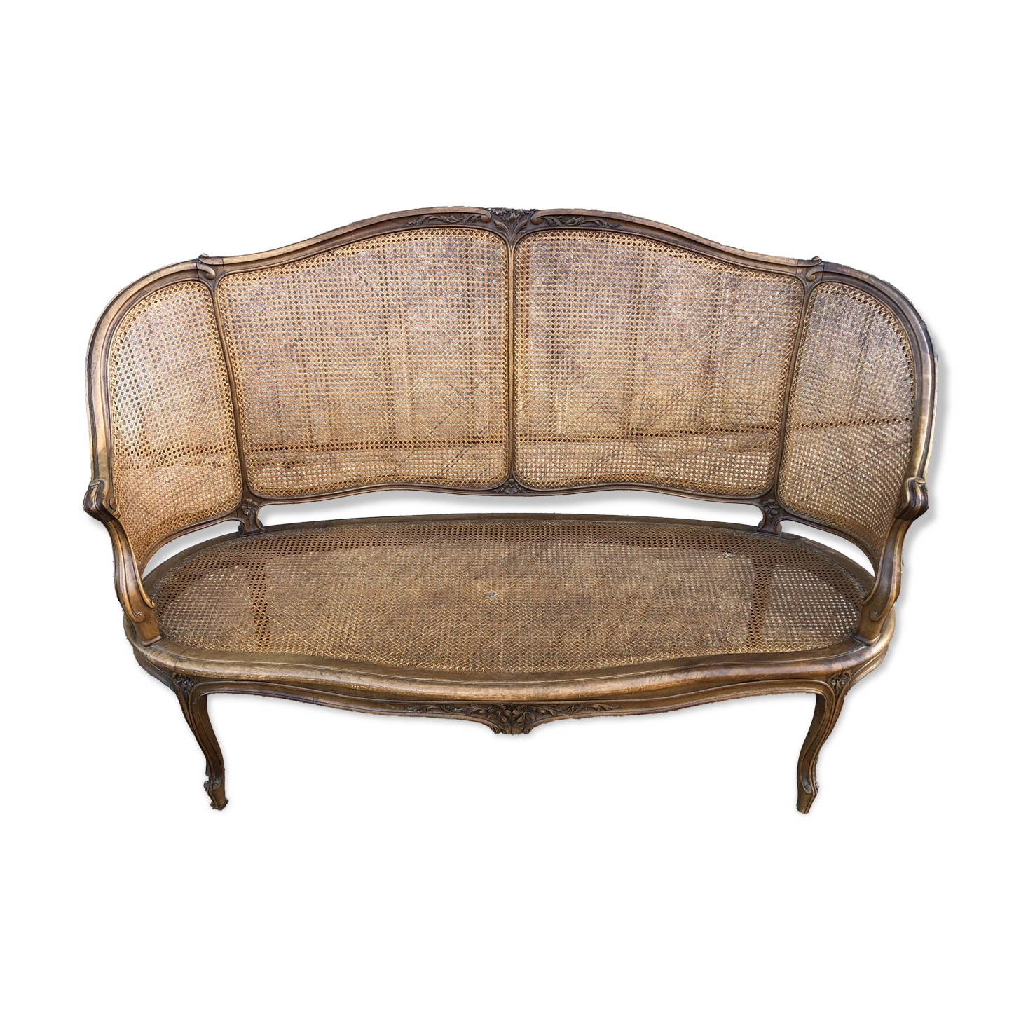 Antique Louis XV bench in solid walnut and caning