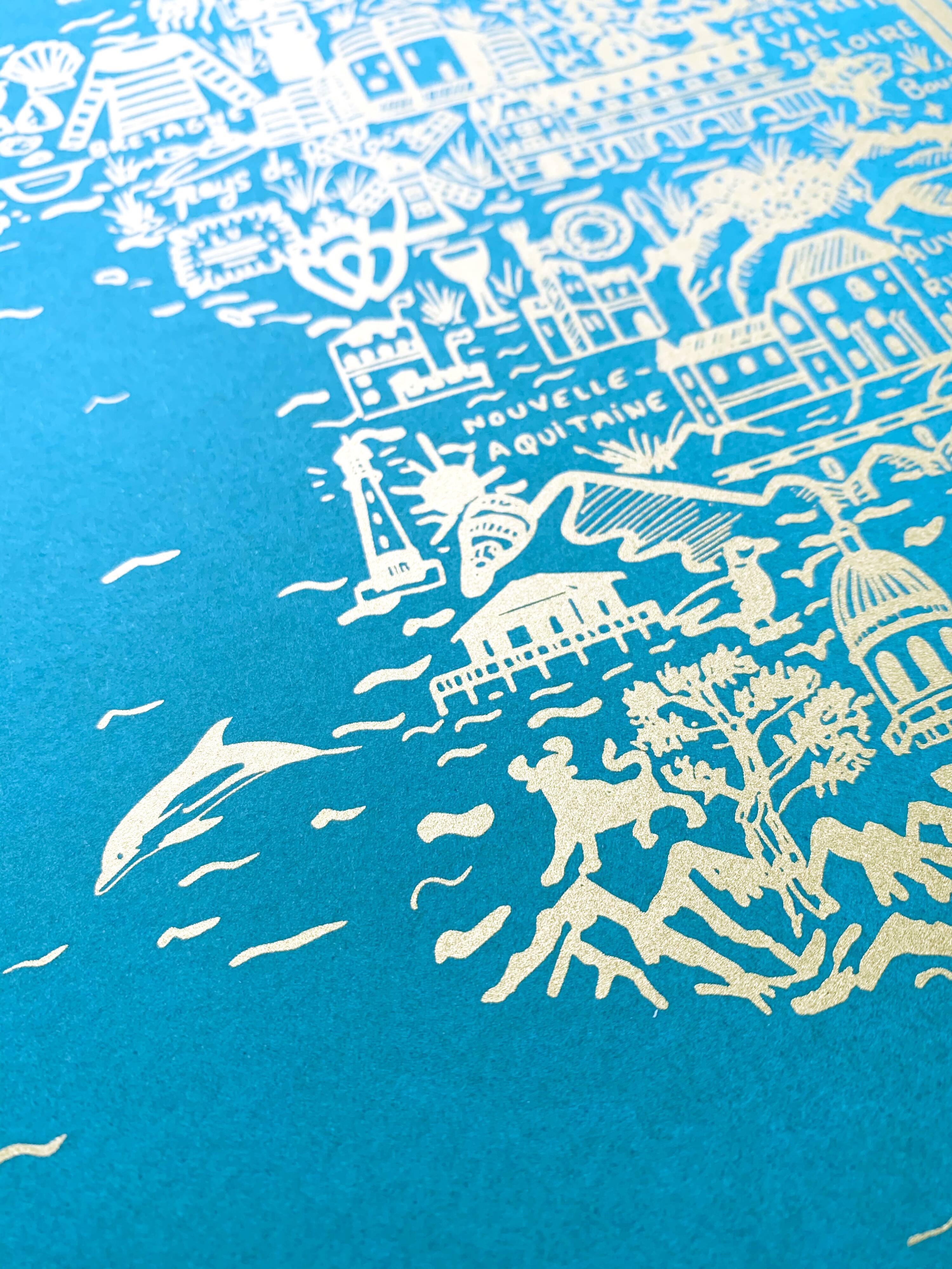 France turquoise & gold screen printing
