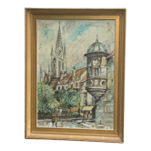 Painting signed J.Trillaut city scene framed vintage canvas 1969