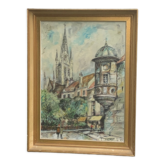 Painting signed J.Trillaut city scene framed vintage canvas 1969