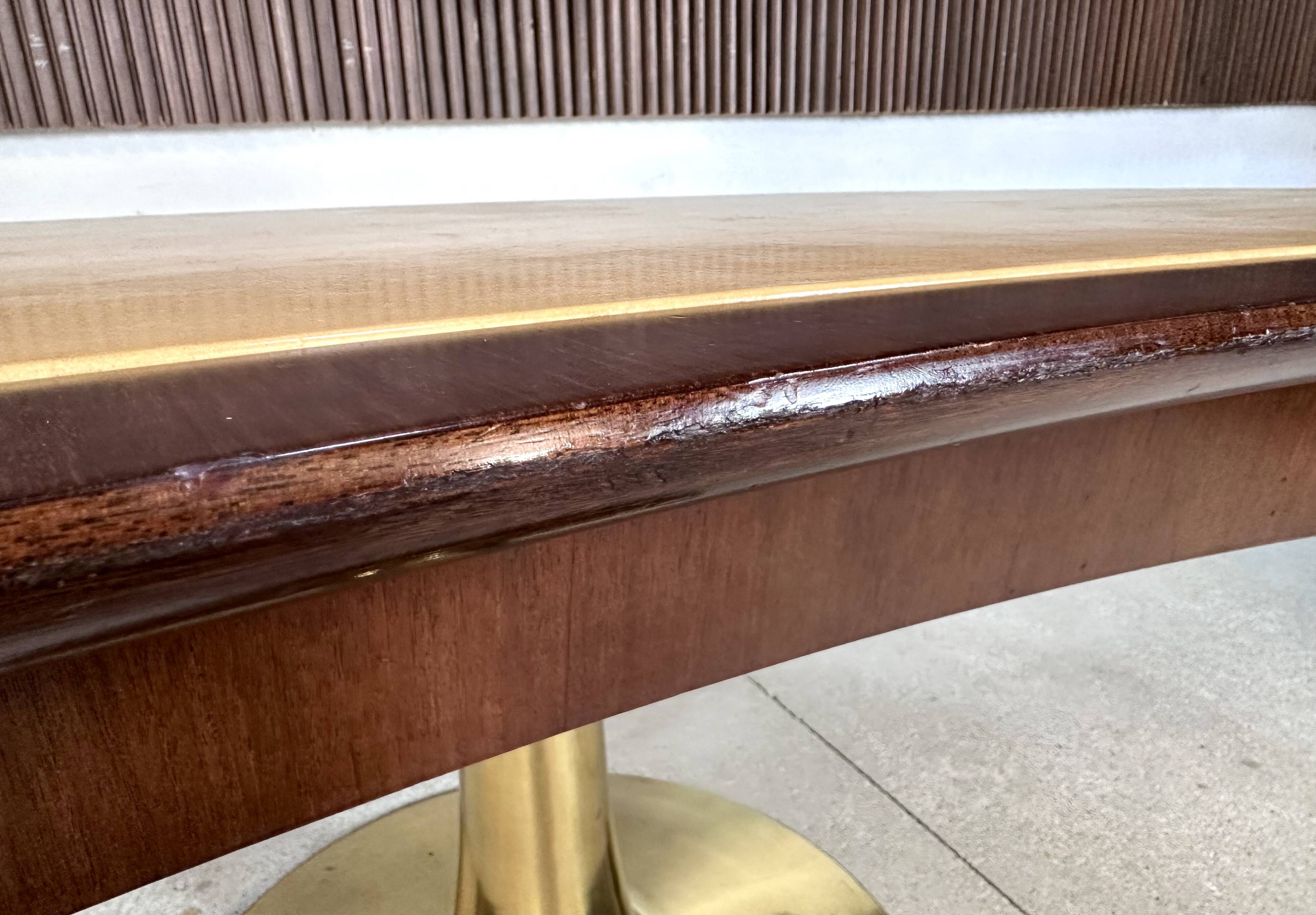 Large Italian Single Column Crescent-Shaped Desk in Goat Skin & Brass 1950s