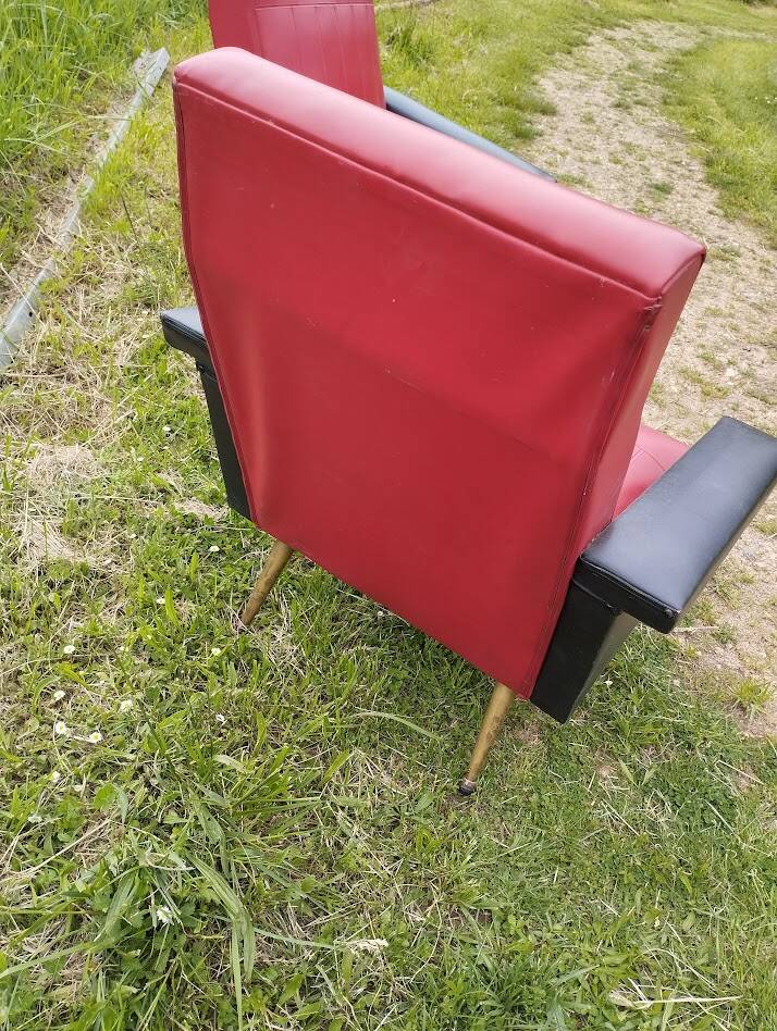 Pair of vintage 60s armchairs – Red and black faux leather