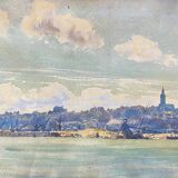 Watercolor on paper representing a port at the beginning of the 20th century, baguette frame