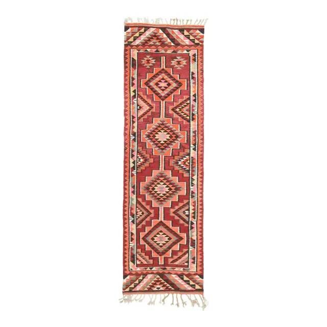 1970s Vintage Turkish Hand-Knotted Wool Cotton Red Runner Rug 93x324