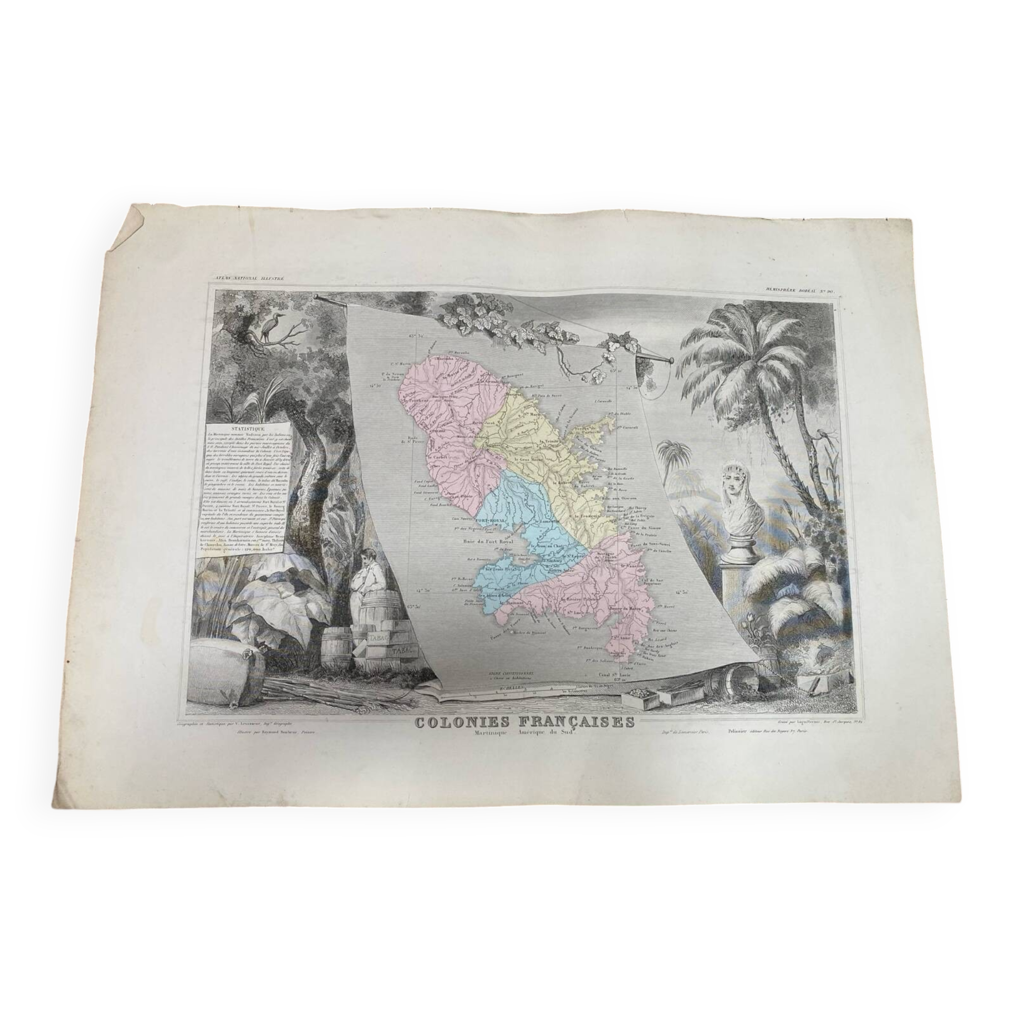 Old illustrated map of French colonies Martinique.