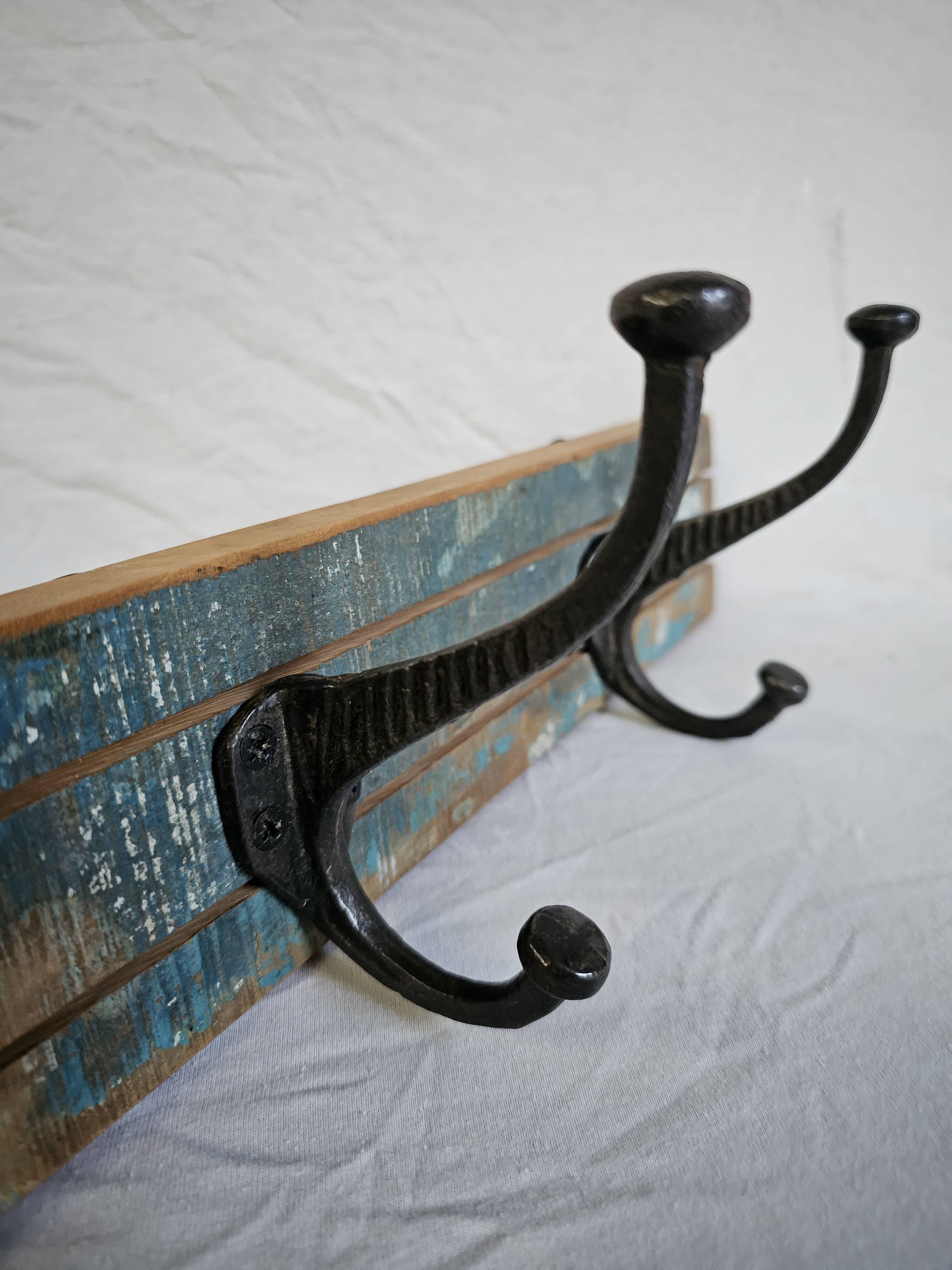 Solid teak coat hook with 2 double cast iron hooks