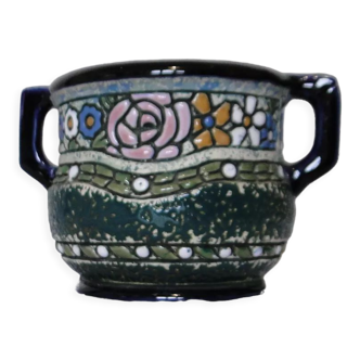 Pot with ceramic handle enamelled flower pattern