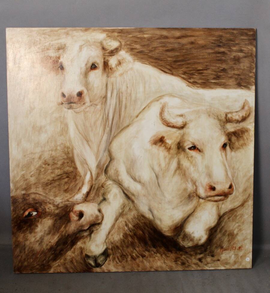 Oil painting on wooden panel representing oxen