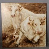 Peinture Huile sur panneau bois représentant des boeufs