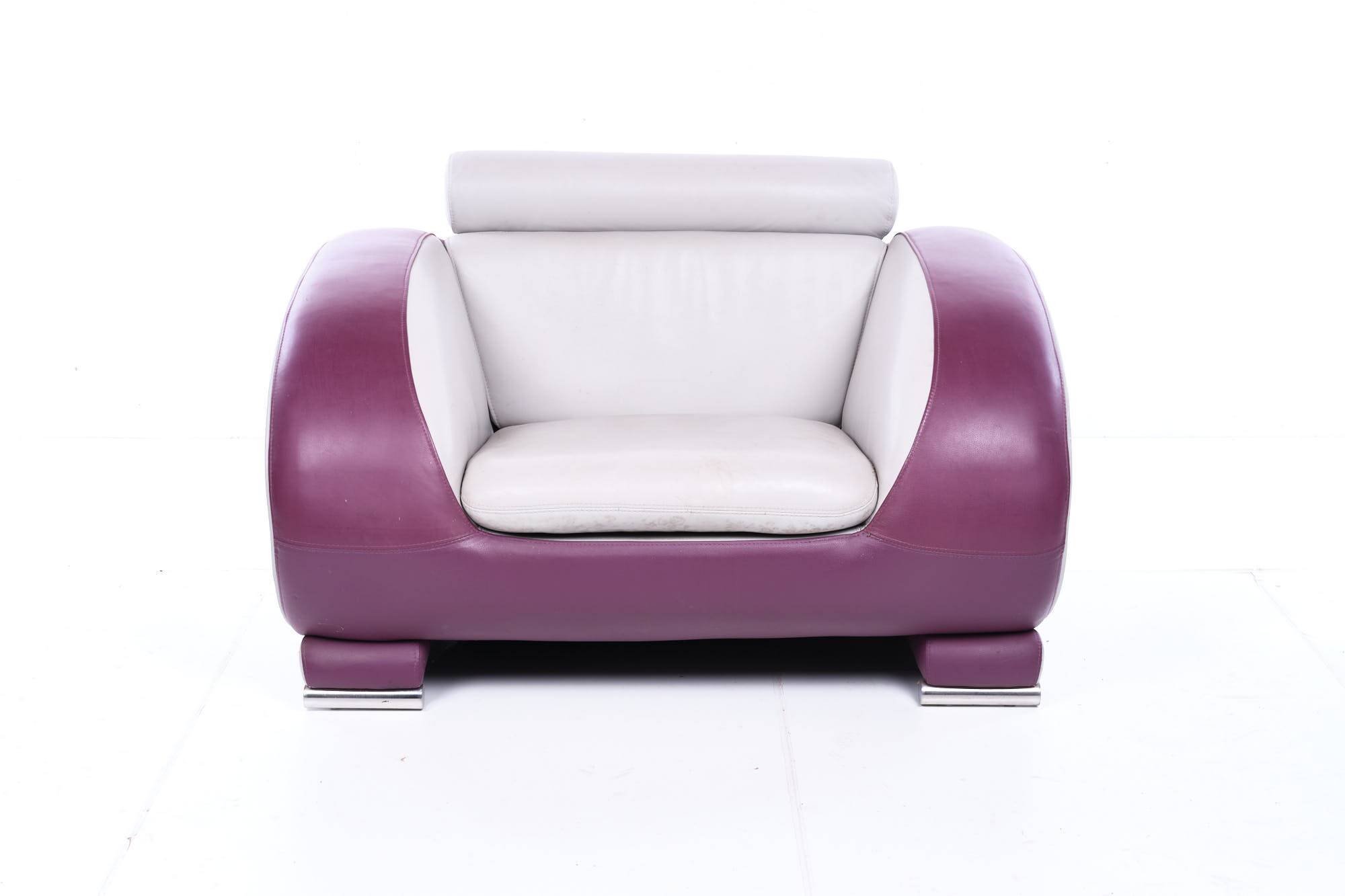 Leather armchair, hotel lounge, purple and gray, vintage