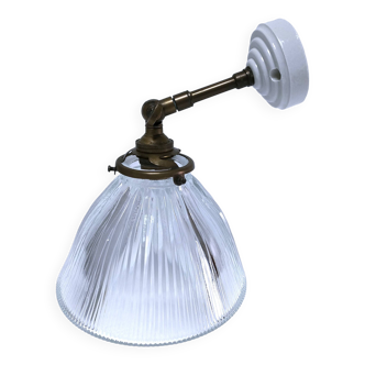 Articulated wall light glass Holophane brass porcelain