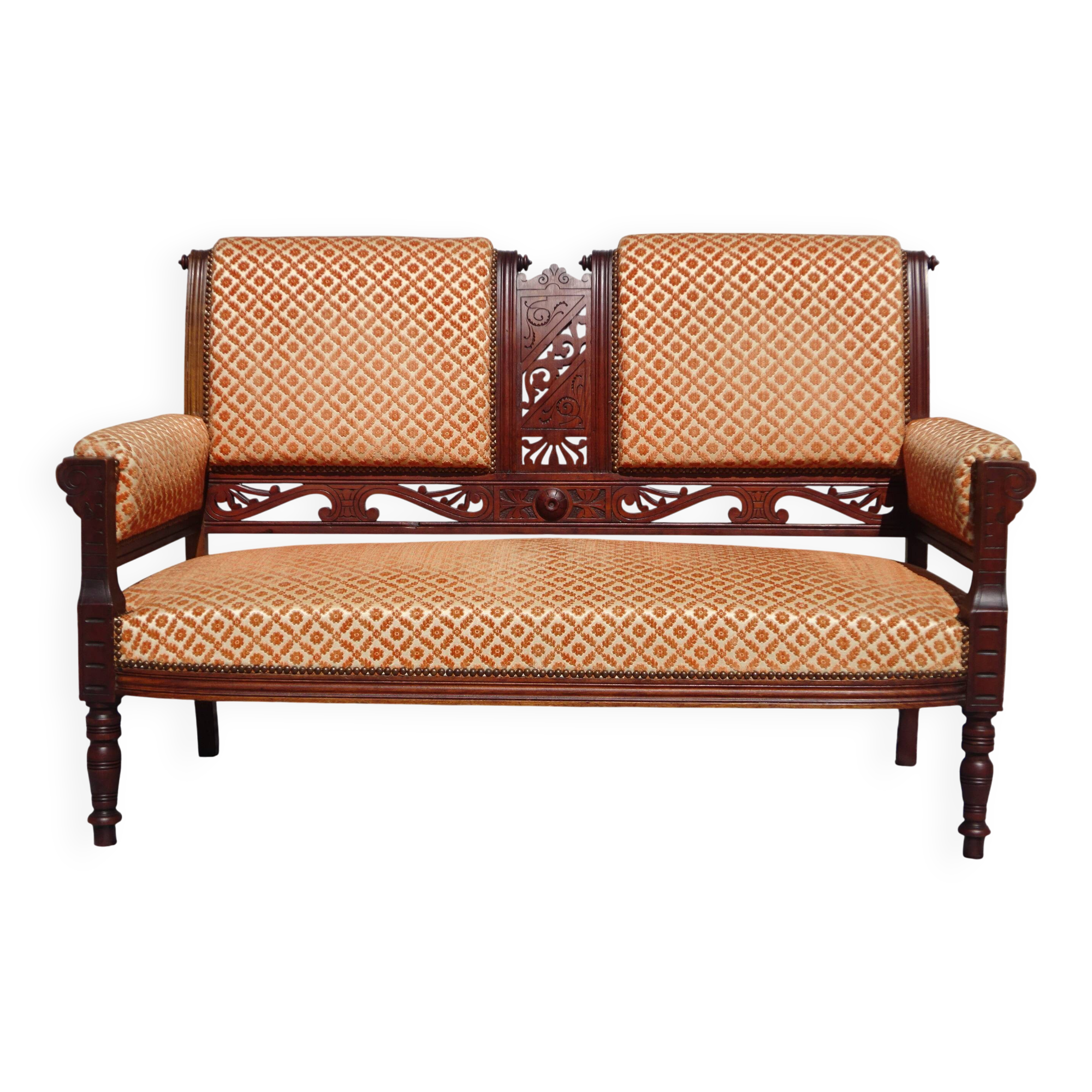 Vintage bench in wood and orange/ivory velvet.