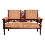 Vintage bench in wood and orange/ivory velvet.