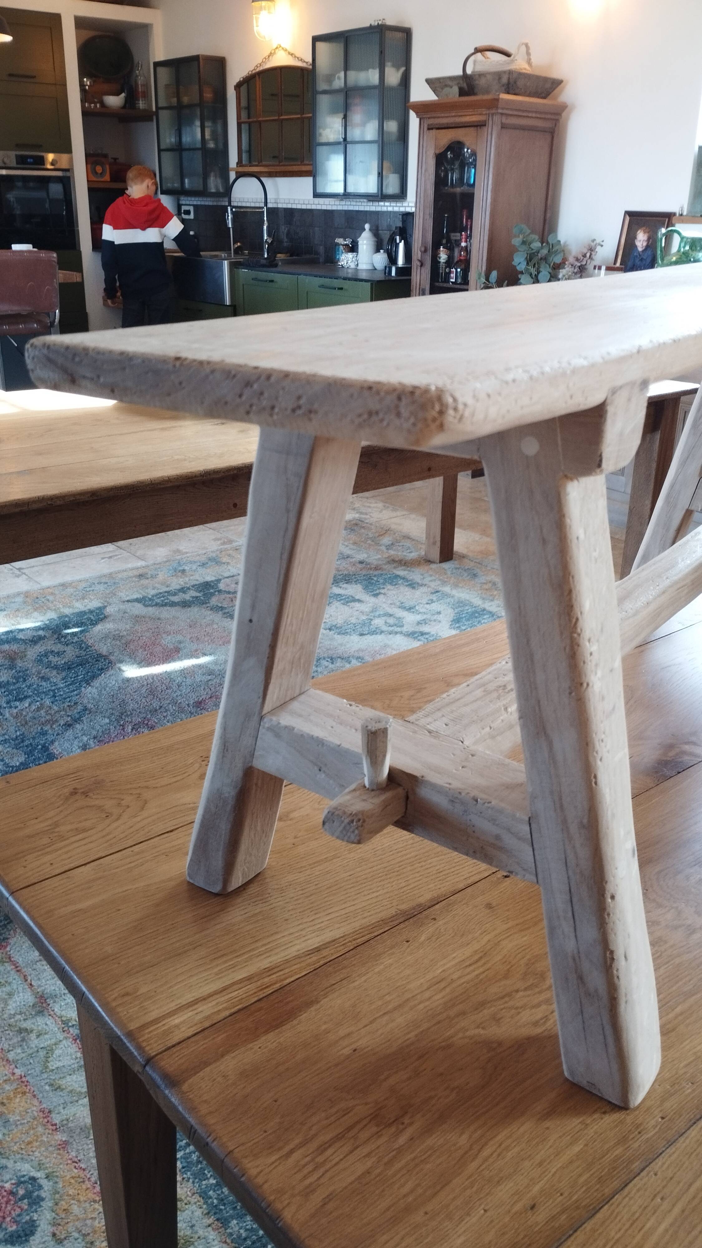 "A frame" bench in solid oak, patinated.