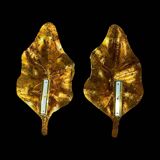 Large Pair of Murano Gilded Glass Leaf Wall Lights - Italy Circa 1980 H 67 cm