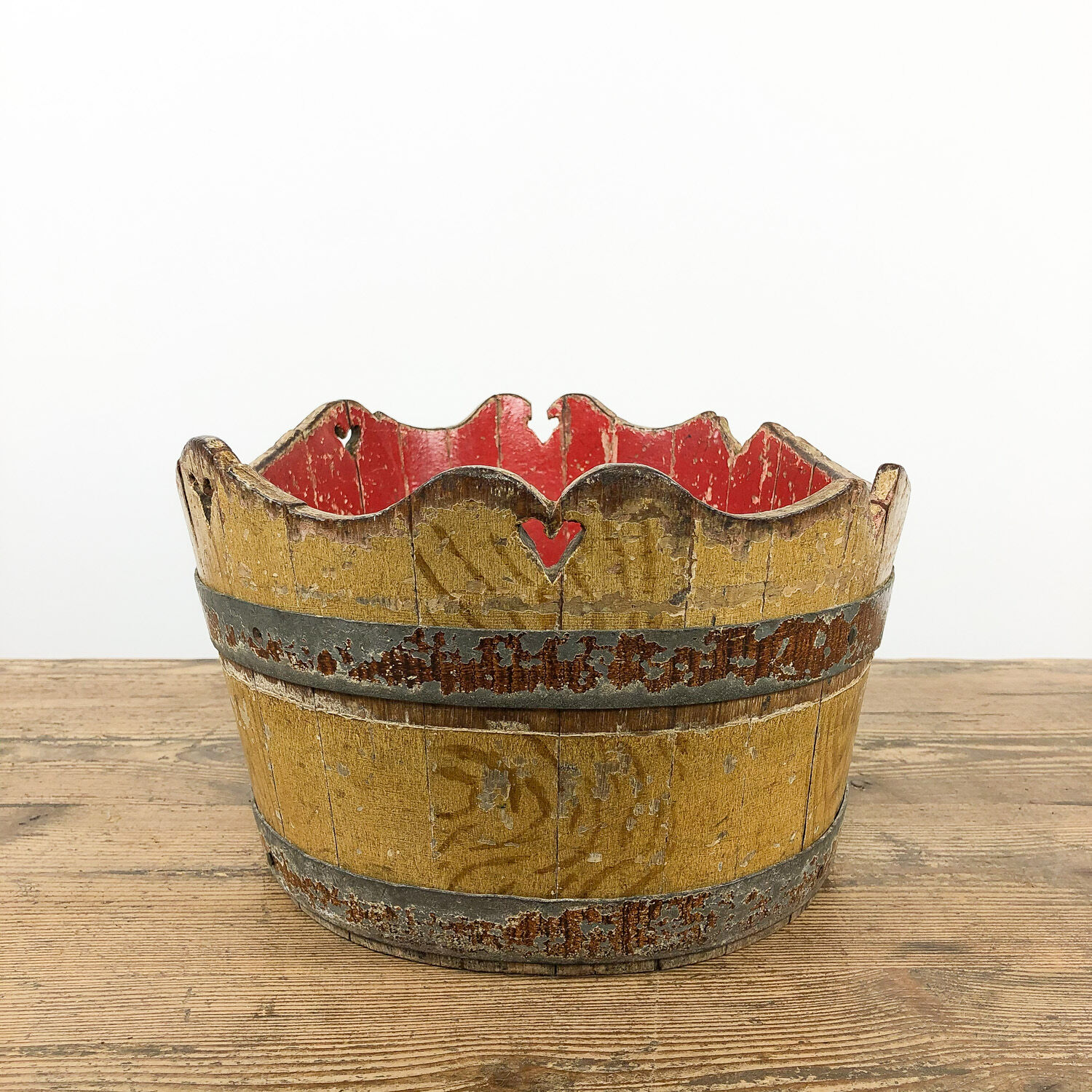 Antique cocked painted wooden bucket wash tub German Folk art